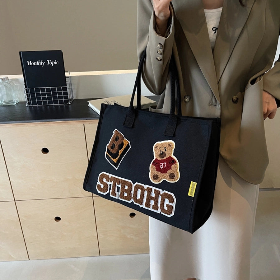 Women's Large Canvas Letter Bear Elegant Classic Style Streetwear Sewing Thread Square Zipper Tote Bag