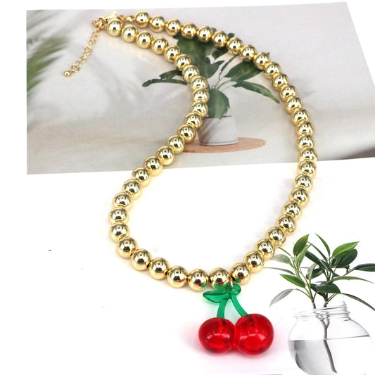 Resin Copper 18K Gold Beaded Chain 18K Gold Plated Cherry Strawberry Pendant Necklace