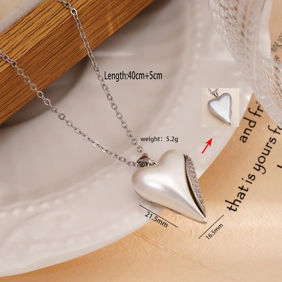 Jewelry IG Style Heart Shape 304 Stainless Steel Copper Rhinestones Pearl Inlay Pendant Necklace