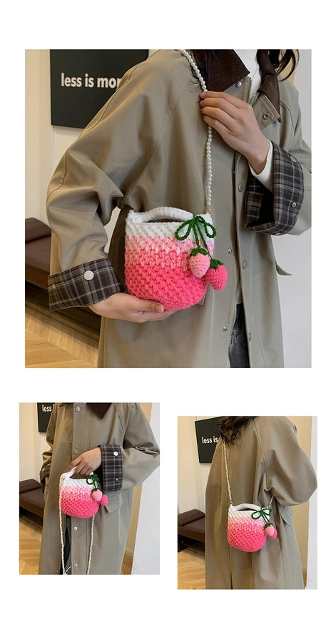 Women's Small Fabric Strawberry Basic Classic Style Bucket Open Crossbody Bag