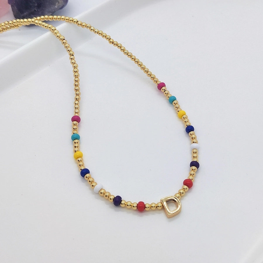 ig style simple style letter glass copper beaded knitting plating 18k gold plated necklace