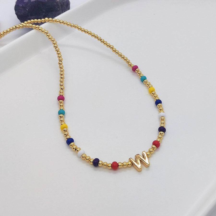 ig style simple style letter glass copper beaded knitting plating 18k gold plated necklace