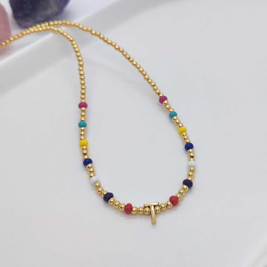 ig style simple style letter glass copper beaded knitting plating 18k gold plated necklace