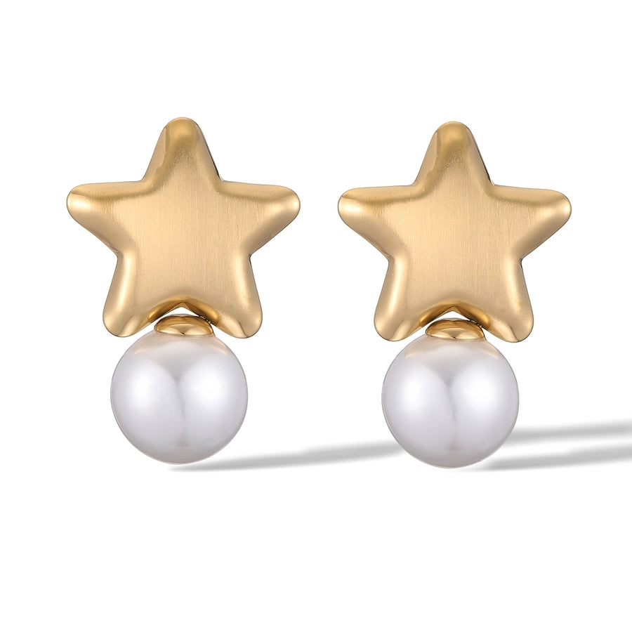 1 Pair Retro Pentagram Plating Inlay 304 Stainless Steel Artificial Pearls 18K Gold Plated Drop Earrings