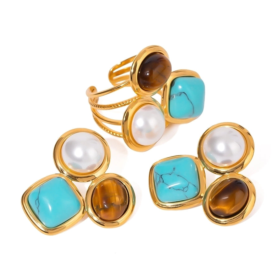 Jewelry Retro Round Square Oval 304 Stainless Steel Imitation Pearl Turquoise Tiger Eye Plating Inlay Rings Earrings