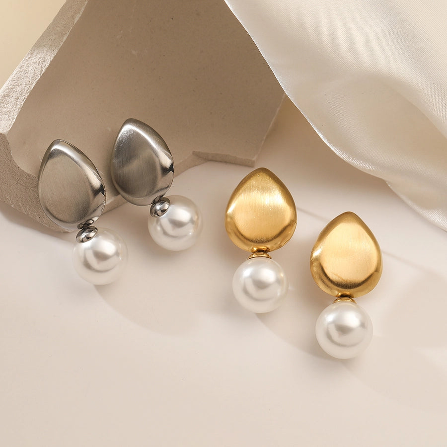 1 Pair Retro Water Droplets Plating Inlay 304 Stainless Steel Artificial Pearls 18K Gold Plated Drop Earrings