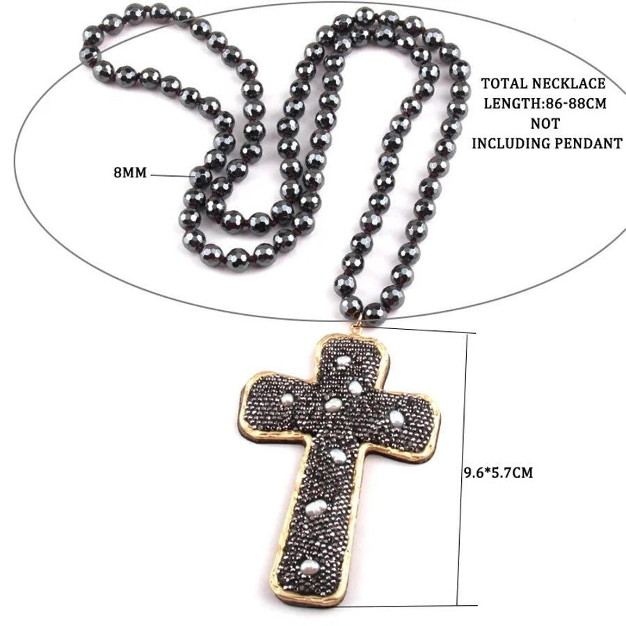 Retro Cross Red Iron Beaded Chain Pendant Necklace Sweater Chain In Bulk Natural stone necklace