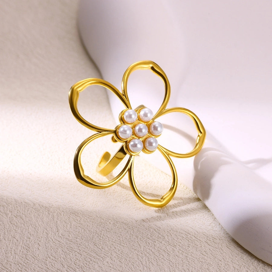 Jewelry Casual Vintage Style Streetwear Flower 304 Stainless Steel Artificial Pearls 18K Gold Plated Inlay Open Rings