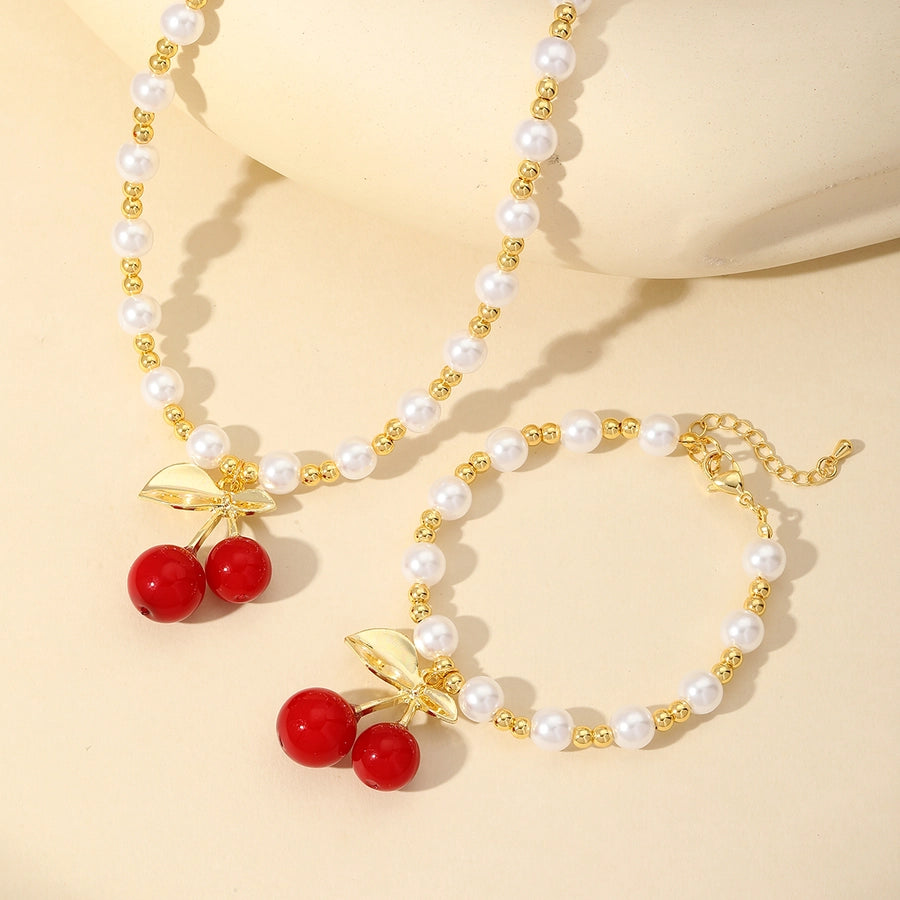 Jewelry Elegant Cherry Copper 18K Gold Plated Beaded Pearl Jewelry Set