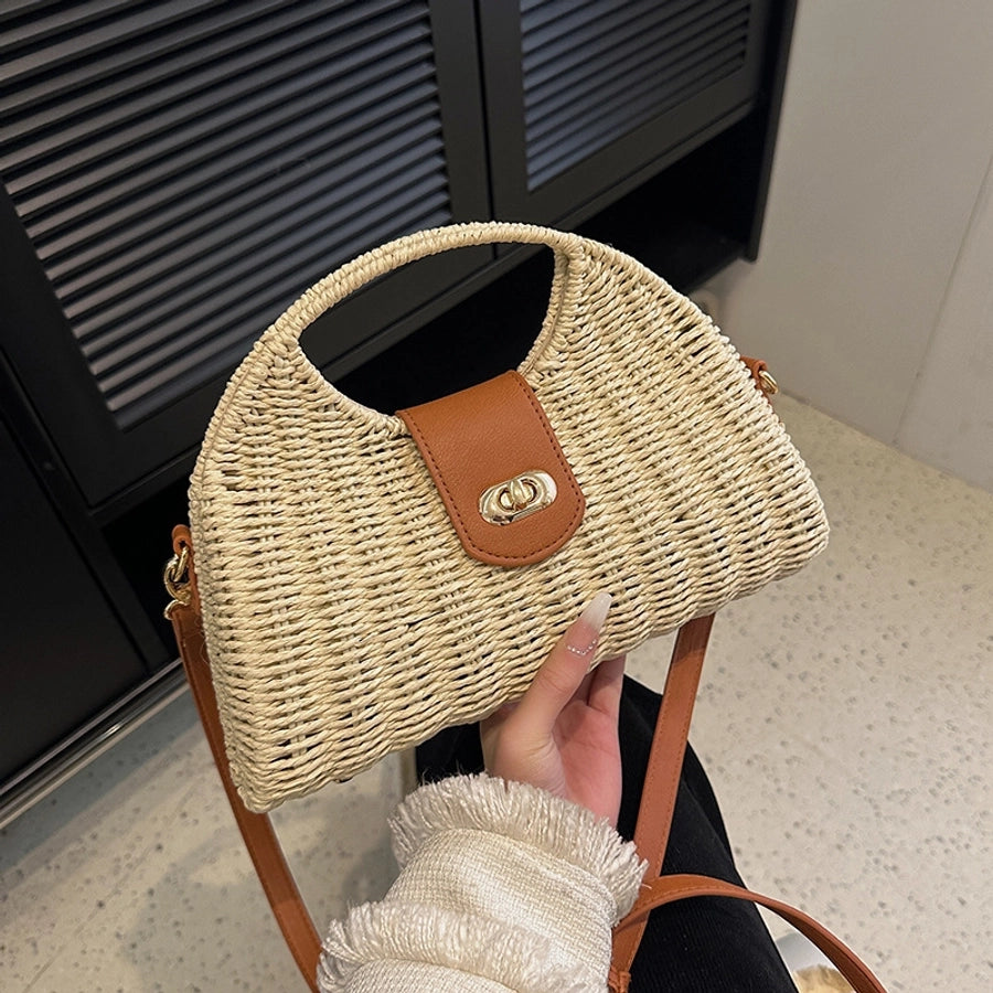 Women'S Small Straw Solid Color Vacation Lock clasp Straw Bag