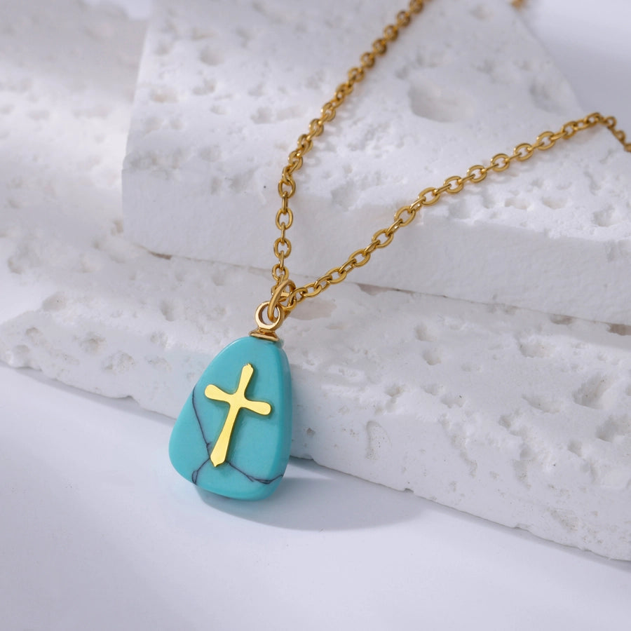 Classical Vintage Style Simple Style Cross 304 Stainless Steel natural stone Pendant Necklace In Bulk