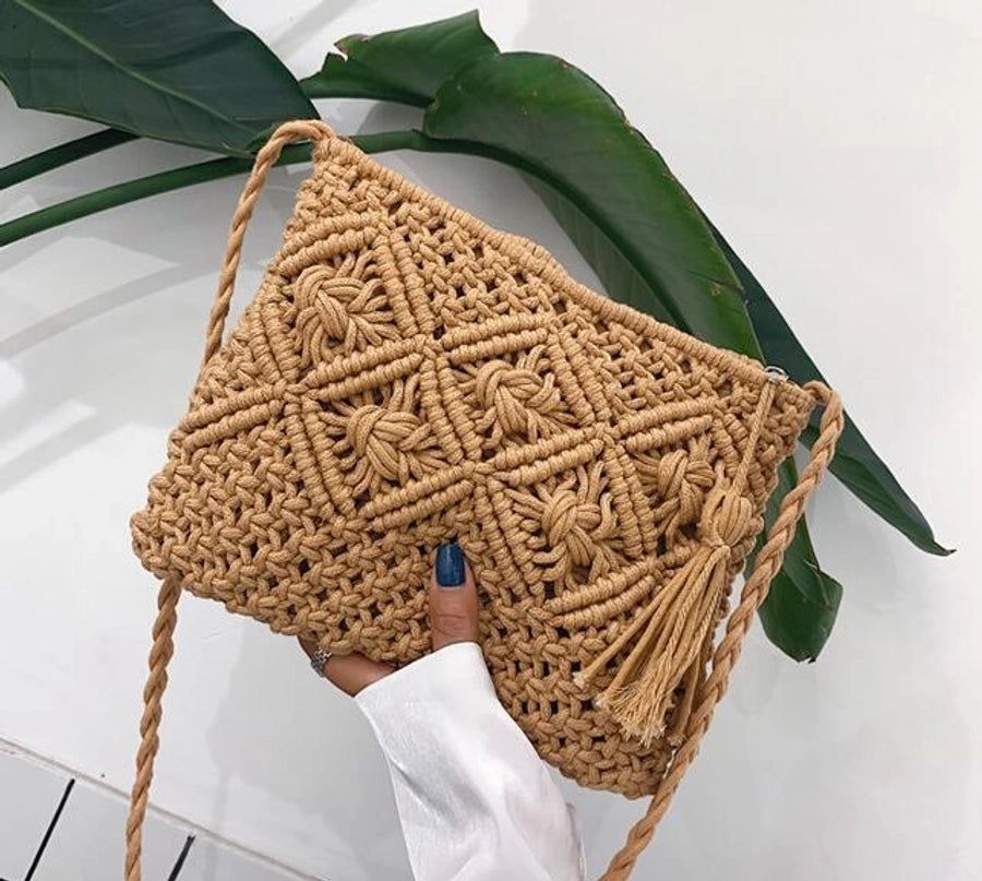 Women'S Small Straw Solid Color Beach Zipper Crossbody Bag