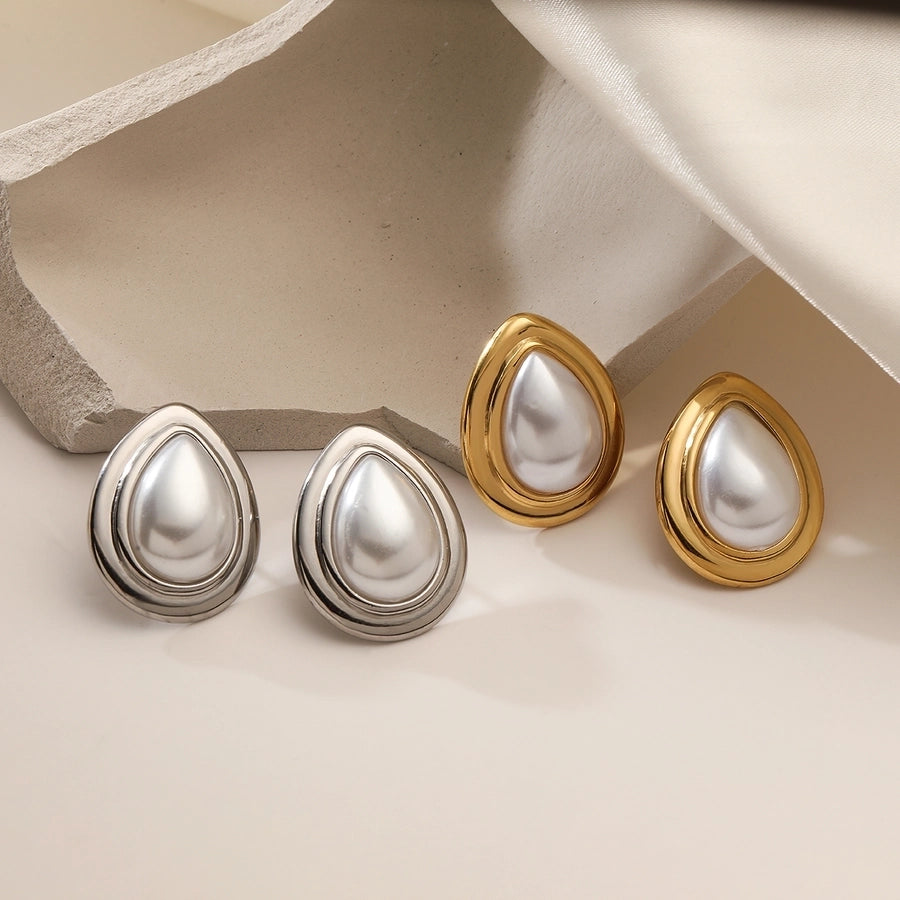 1 Pair Retro Simple Style Water Droplets Plating Inlay 304 Stainless Steel Pearl 18K Gold Plated Ear Studs