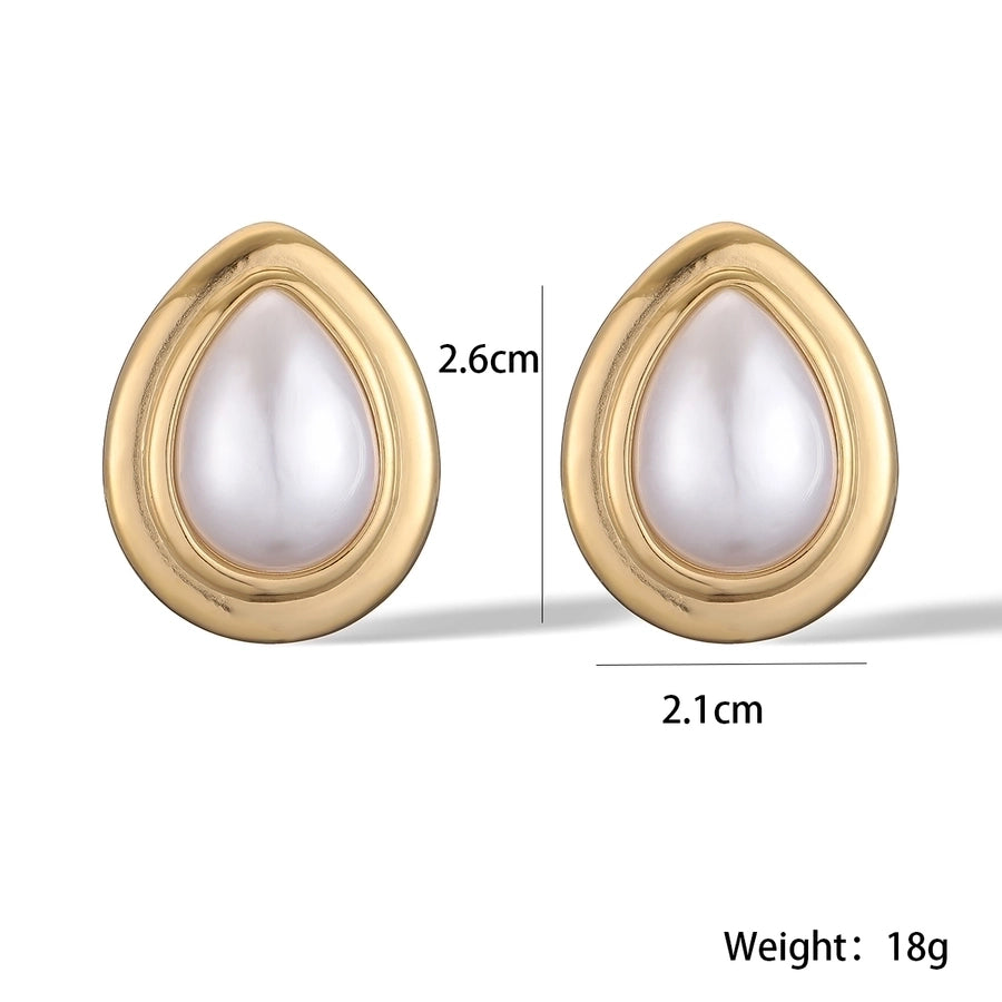 1 Pair Retro Simple Style Water Droplets Plating Inlay 304 Stainless Steel Pearl 18K Gold Plated Ear Studs