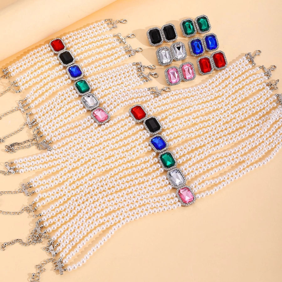 Elegant Geometric Imitation Pearl Alloy Beaded Inlay Crystal Women's Jewelry Set