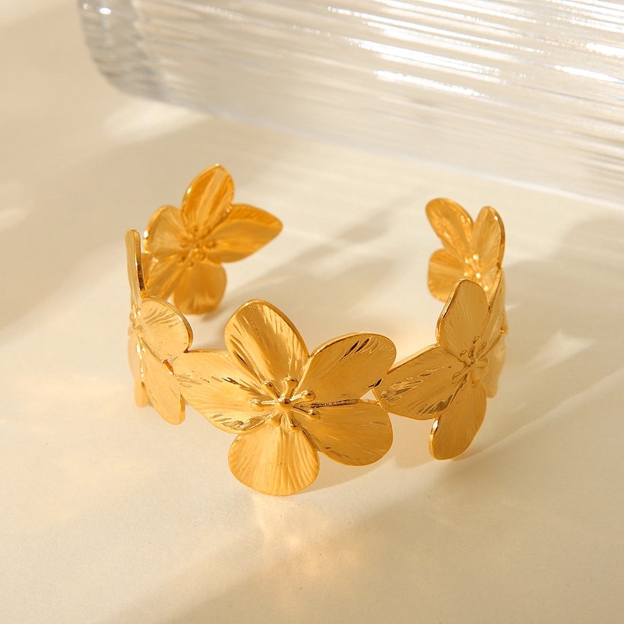 IG Style Flower 304 Stainless Steel Titanium Steel 18K Gold Plated Bangle In Bulk Stainless Steel Bracelets