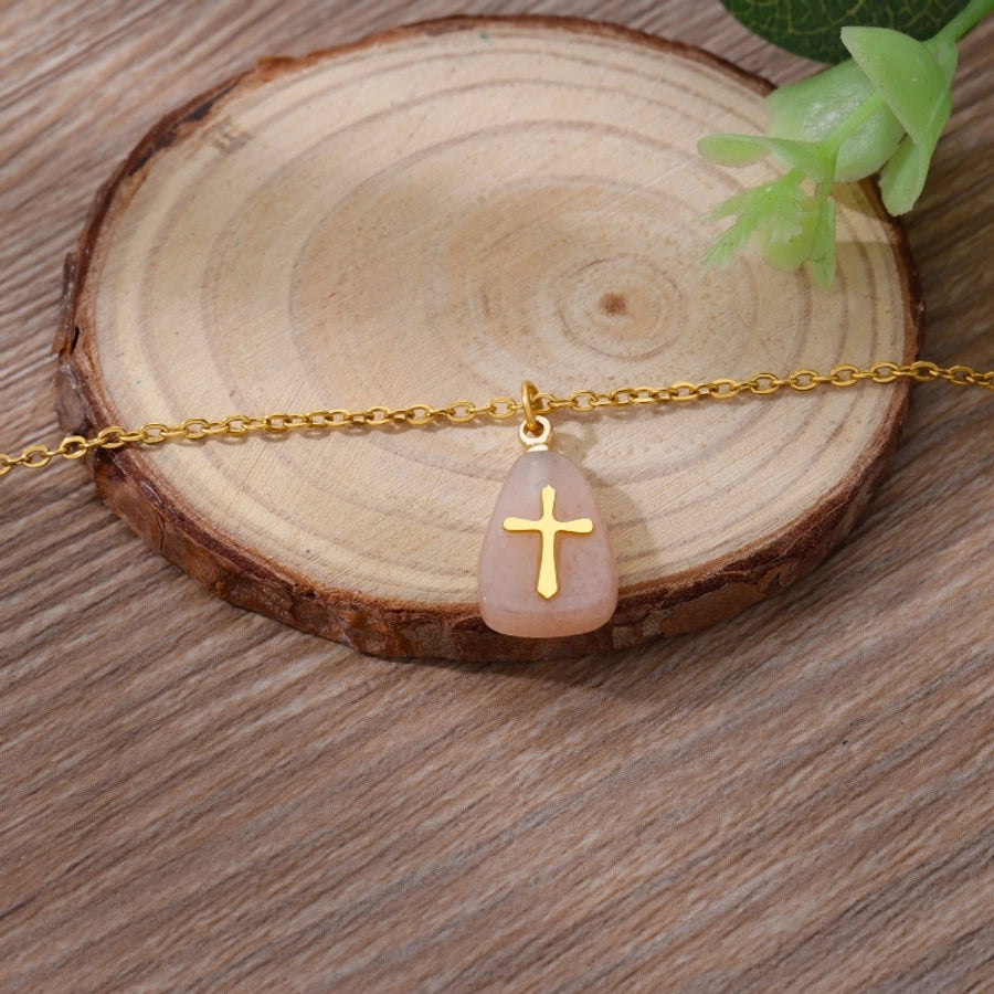 Classical Vintage Style Simple Style Cross 304 Stainless Steel natural stone Pendant Necklace In Bulk