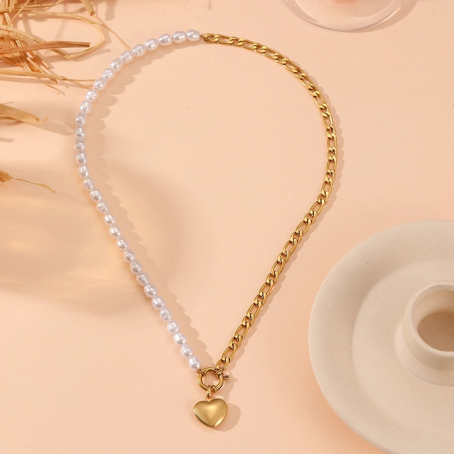 Jewelry Elegant Simple Style Heart Shape Titanium Steel 18K Gold Plated Layered Pearl Bracelets Necklace