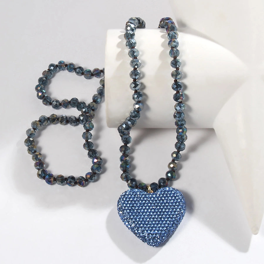 Shiny Heart Shape Glass Rhinestones  Pendant Necklace Sweater Chain In Bulk Natural stone necklace